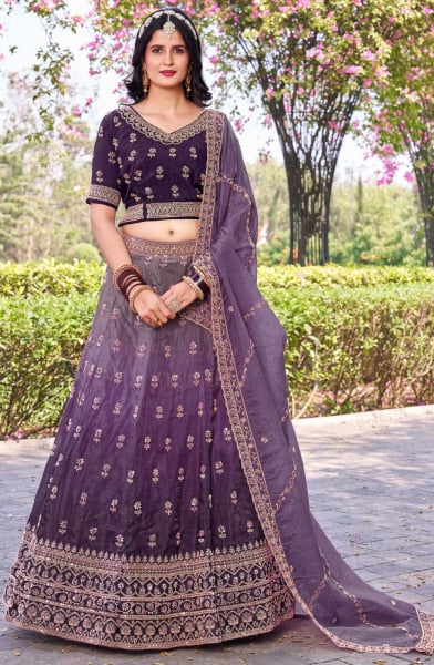 Ombre Grape Embroidered Crush Silk Lehenga Choli