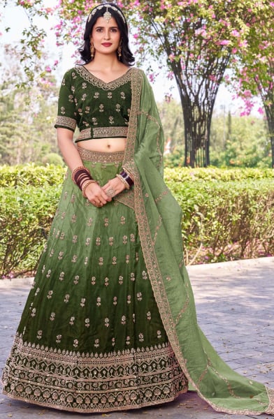 Ombre Green Embroidered Crush Silk Lehenga Choli