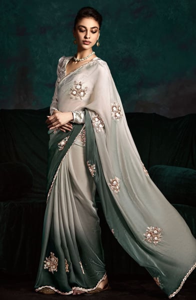 Ombre Grey Embroidered Designer Saree for Wedding