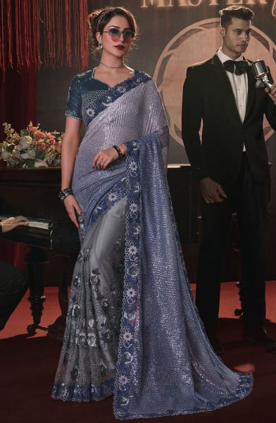 Ombre Grey Hand Embroidered Designer Saree