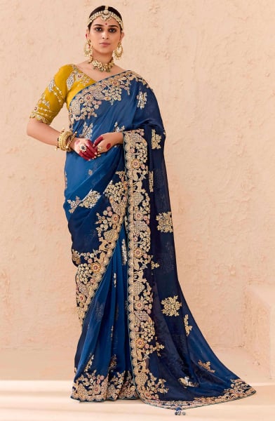 Ombre Indigo Embroidered Viscose Bemberg Designer Saree