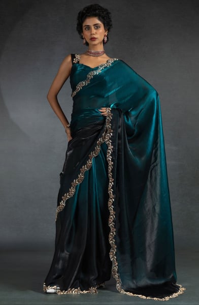 Ombre Morpich and Black Embellished Satin Silk Saree