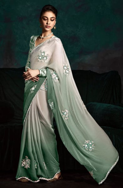 Ombre Moss Green Embroidered Designer Saree for Wedding