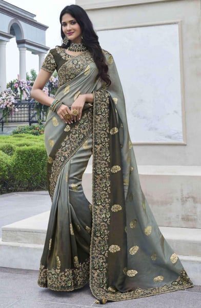 Ombre Moss Grey Embroidered Viscose Silk Designer Saree