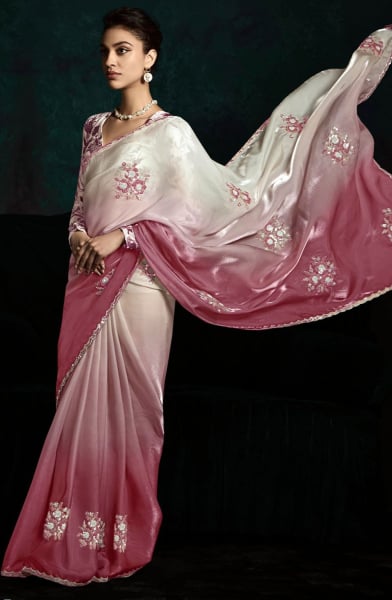 Ombre Onion Pink Embroidered Designer Saree for Wedding