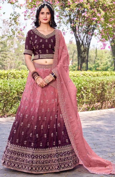 Ombre Pink and Burgundy Embroidered Crush Silk Lehenga Choli
