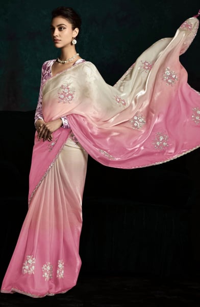 Ombre Pink Embroidered Designer Saree for Wedding
