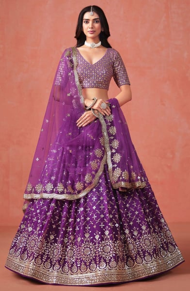 Ombre Purple Sequins Embroidered Georgette Lehenga Set
