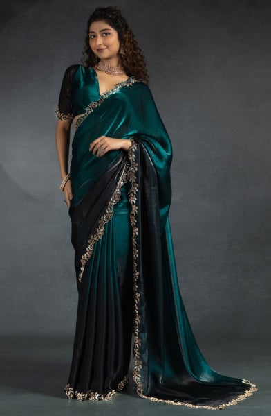 Ombre Rama and Black Embellished Satin Silk Saree