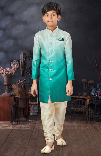 Ombre Rama Green Silk Kids Indo Western