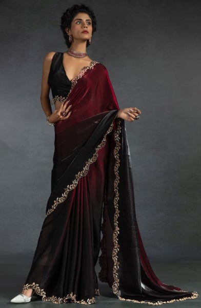 Ombre Red and Black Embellished Satin Silk Saree