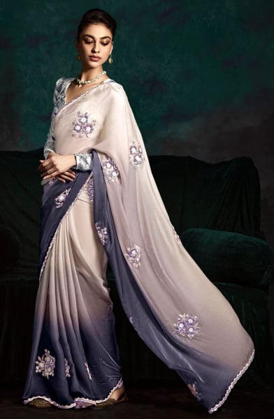 Ombre Slate Grey Embroidered Designer Saree for Wedding