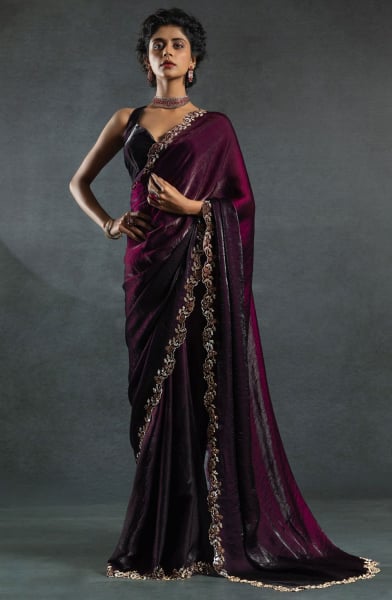 Ombre Wine and Black Embellished Satin Silk Saree