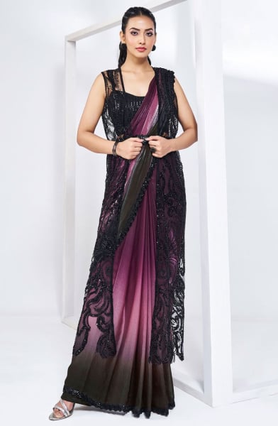 Ombre Wine and Black Pure Khatli Work Designer Ready to Wear Saree