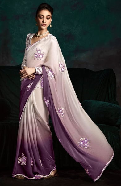 Ombre Wine Embroidered Designer Saree for Wedding