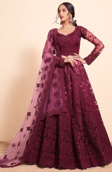 Ombre Wine Embroidered Net Designer Lehenga Choli