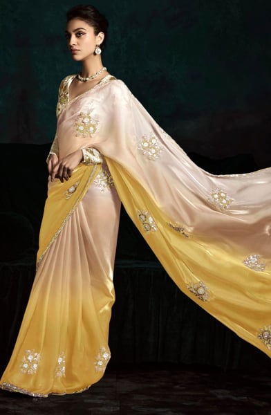 Ombre Yellow Embroidered Designer Saree for Wedding