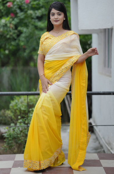 Ombre Yellow Mirror Embellished Faux Georgette Saree