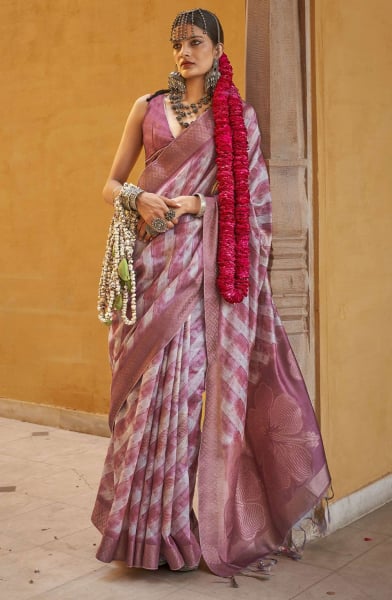 Onion Pink and White Abstract Print Silk Saree with Weaving