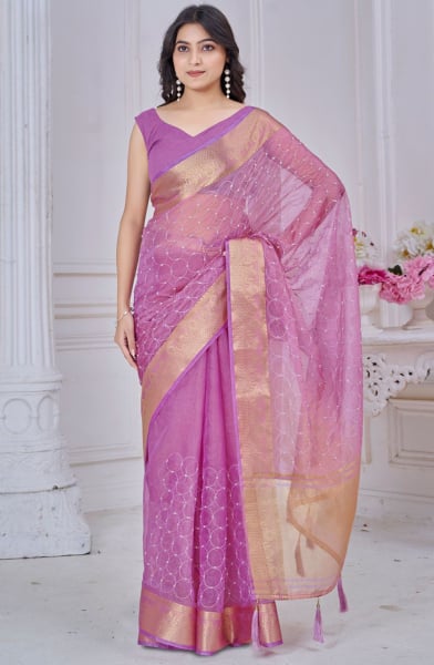 Onion Pink Beads Work Pure Jacquard Saree