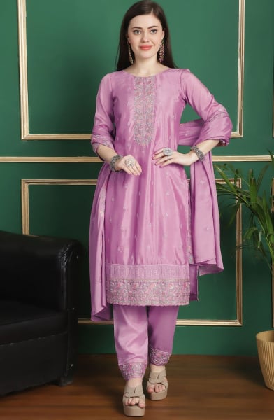 Onion Pink Embroidered Chinnon Chiffon Pant Kameez