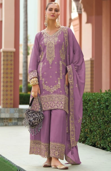 Onion Pink Embroidered Chinnon Silk Palazzo Kameez