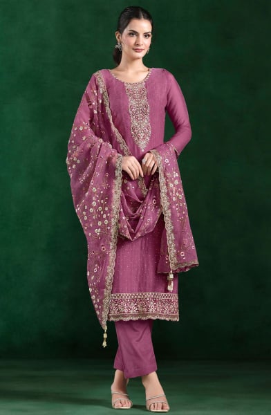 Onion Pink Embroidered Crinkle Chiffon Pant Kameez
