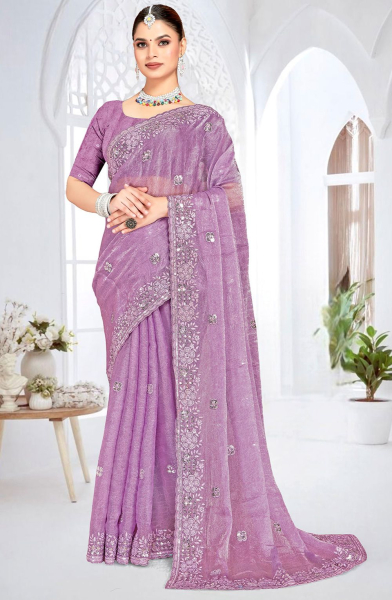 Onion Pink Embroidered Crush Silk Saree