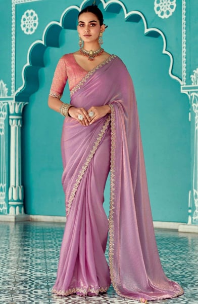 Onion Pink Embroidered Designer Saree for Ceremonial