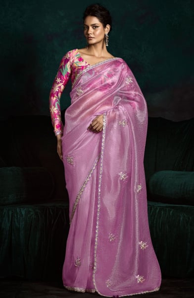 Onion Pink Embroidered Designer Saree for Wedding