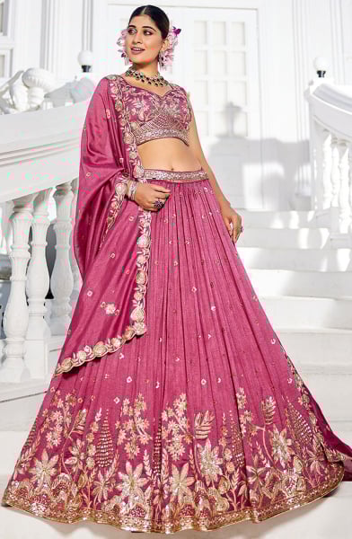 Onion Pink Embroidered Faux Georgette Designer Lehenga Choli