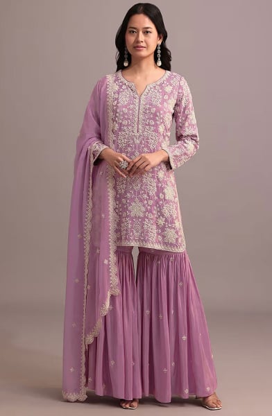 Onion Pink Embroidered Faux Georgette Sarara Kameez