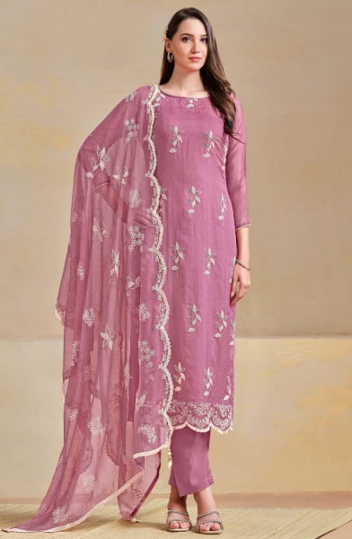 Onion Pink Embroidered Organza Chiffon Pant Kameez