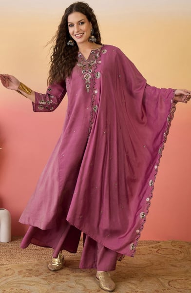 Onion Pink Embroidered Roman Silk Palazzo Kameez
