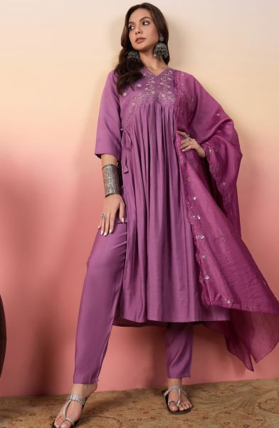 Onion Pink Embroidered Silk Readymade Pant Kameez