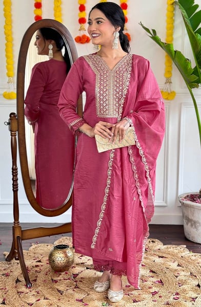 Onion Pink Embroidered Viscose Chanderi Readymade Suit