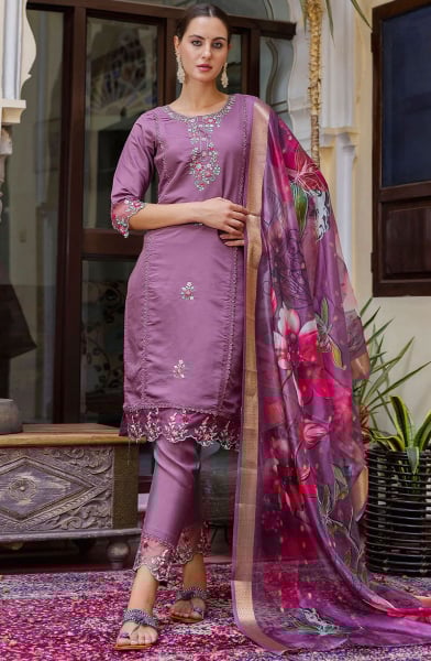 Onion Pink Embroidered Viscose Roman Silk Readymade Suit
