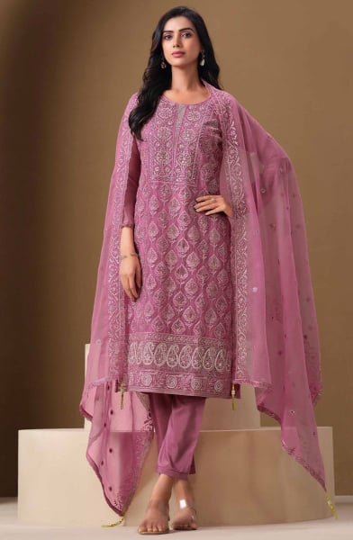 Onion Pink Lakhnavi Embroidered Chiffon Plus Size Suit
