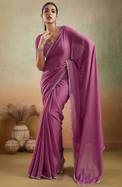 Onion Pink Matte Georgette Party Wear Saree