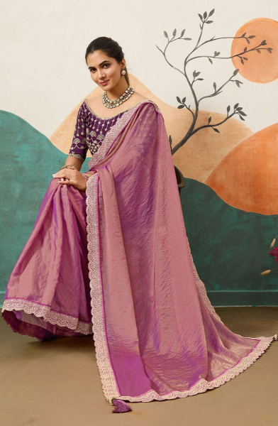 Onion Pink Moss Chiffon Saree with Embroidered Blouse