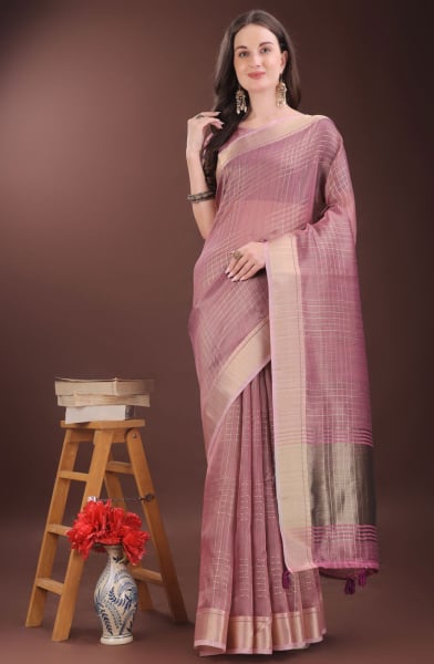 Onion Pink Organza Printed Saree