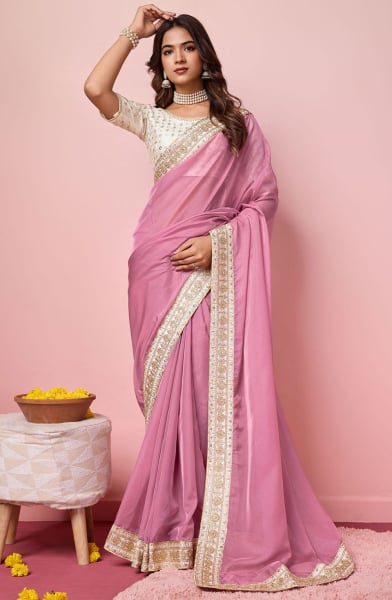 Onion Pink Organza Saree with Embroidered Blouse