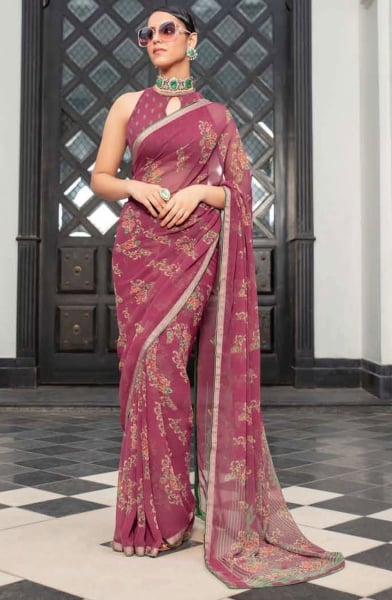 Onion Pink Printed Casual Georgette Saree