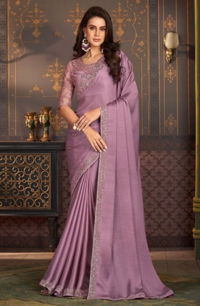 Onion Pink Satin Silk Chiffon Saree with Embroidered Blouse