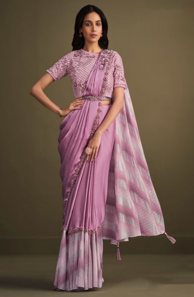 Onion Pink Sequins Embroidered Ready to Wear Saree