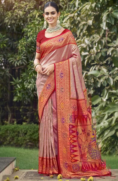 Onion Pink Silk Zari Woven Saree