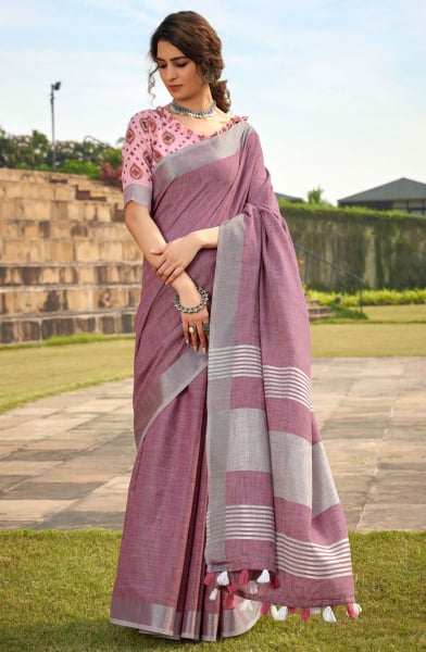Onion Pink Soft Linen Silk Saree