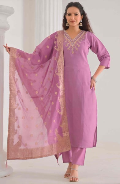 Onion Pink Viscose Chanderi Readymade Pant Kameez