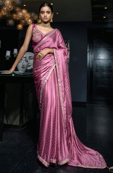 Onion Pink Viscose Satin Saree with Embroidered Blouse