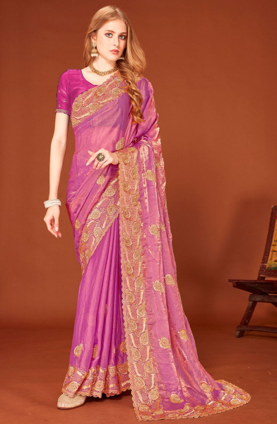 Onion Pink Zari Embroidered Fendi Silk Saree